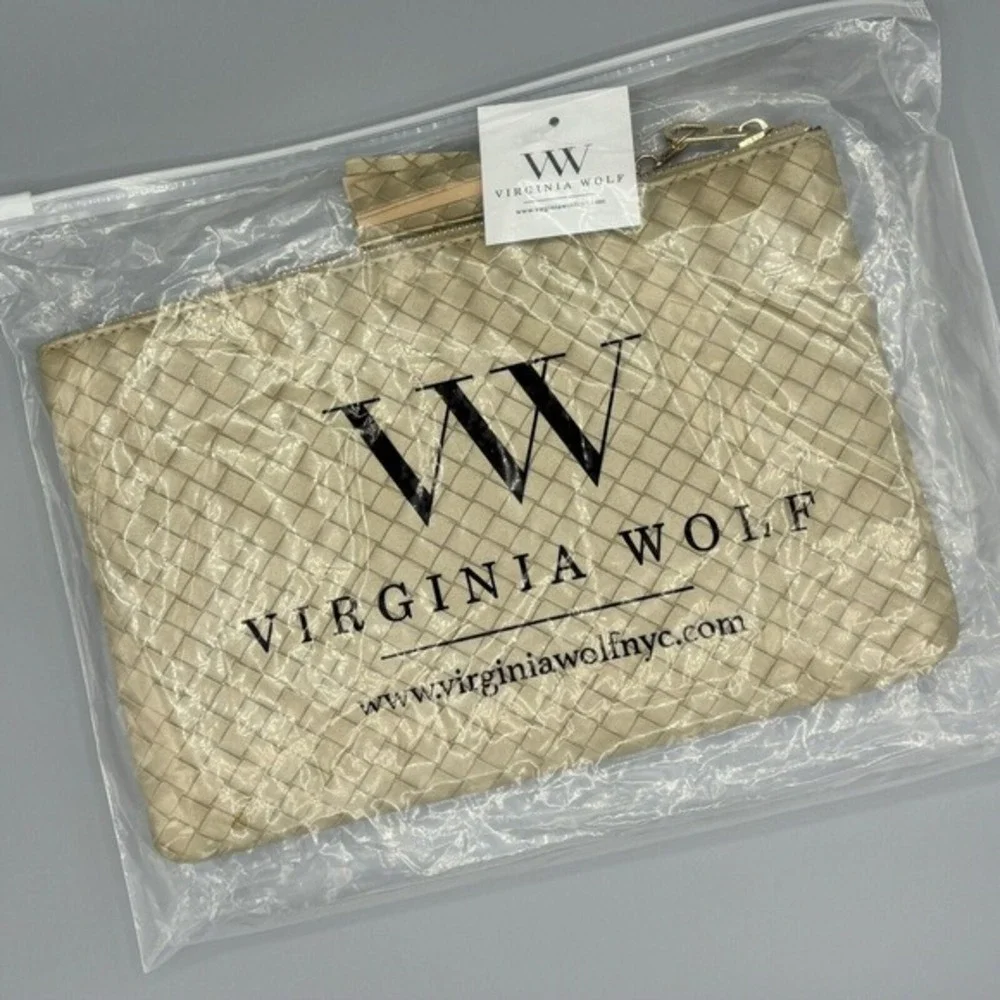 Virginia Wolf Mimi Woven Vegan Metallic Gold Leather Pouch 7x11 Brand NEW w/tags